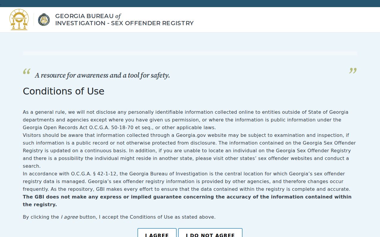 Georgia registry conditions and search page for a Floyd County sex offender lookup